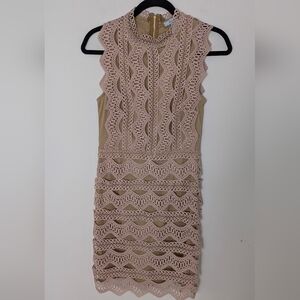 She + Sky Lace Sheath Dress Size S Blush Pink Scalloped crocheted Party NEW